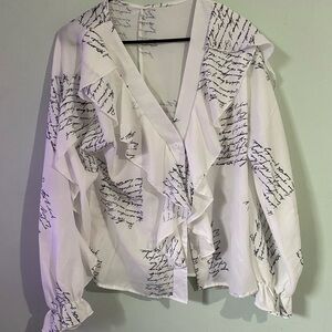 Source Unknown White Blouse with Script and Ruffles